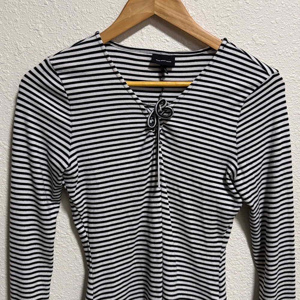 Who What Wear Womens Striped Ribbed Lace‎ Up Long Sleeve Bodysuit Black White M - Picture 4 of 7